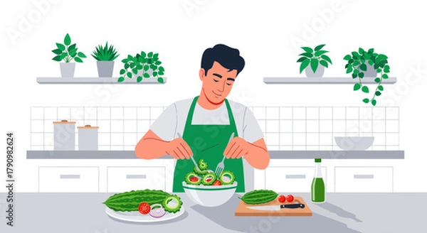 Fototapeta Man Preparing a Fresh Salad in a Bright Kitchen Surrounded by Potted Greenery Setting