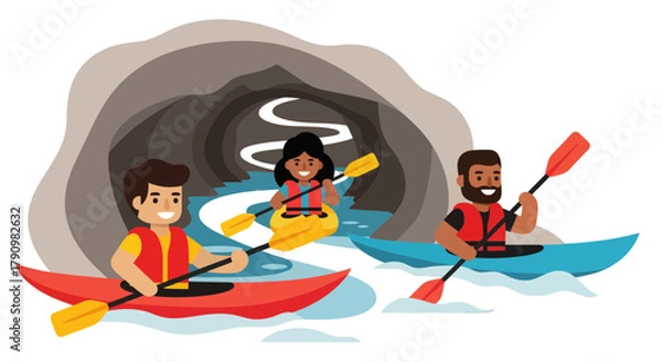 Fototapeta Kayakers Adventuring Through River Cave, Colorful Illustration Of Outdoor Recreation