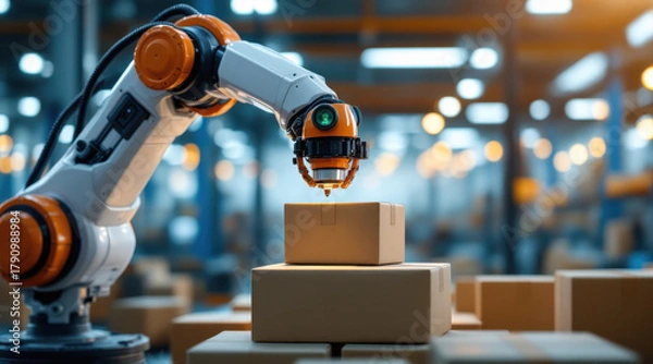 Fototapeta Robotic Arm Sorting Boxes on Conveyor Belt in Automated Warehouse, Modern Logistics, Industrial Automation, Smart Storage Technology, Supply Chain Innovation, Efficient Distribution Stock Photo


