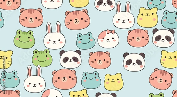 Fototapeta Flat vector seamless pattern of kawaii animal faces including cat, bunny, bear, and panda. Solid pastel tones, round shapes, no gradients, perfect for textile and kids wallpaper