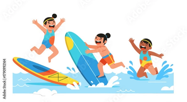 Fototapeta Joyful Kids Enjoying Surfing and Playing in the Water at a Sunny Beach Day