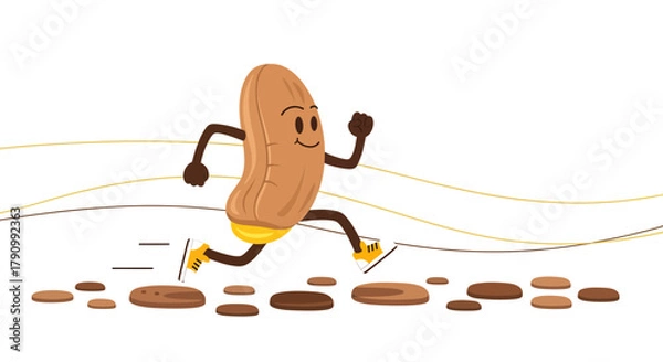 Fototapeta Joyful Peanut Character Actively Running Across Stepping Stones in a Playful Illustration