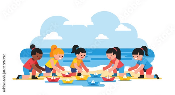 Fototapeta Joyful Kids Launching Paper Boats at the Beach Under a Bright and Playful Sky