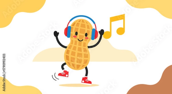 Fototapeta Joyful Peanut Character Dancing To Music While Wearing Headphones And Sneakers