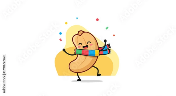 Fototapeta Joyful Peanut Character Dancing With A Colorful Scarf And Festive Confetti Particles