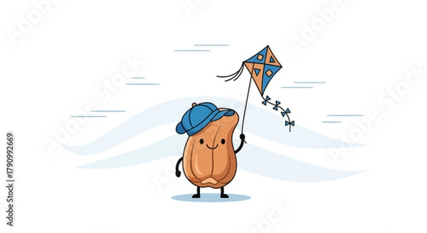 Fototapeta Joyful Peanut Character With Blue Cap Flying Colorful Kite on Windy Day