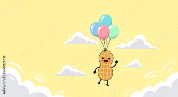 Fototapeta Joyful Peanut Character Soaring High in a Sky with Colorful Balloons and Wonderful Clouds