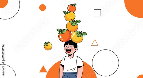 Fototapeta Joyful Person Balancing Persimmons Depicting A Creative And Wholesome Scene
