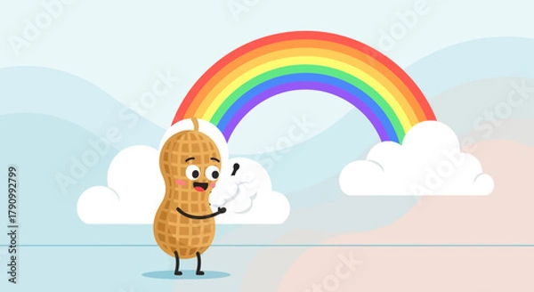 Fototapeta Joyful Peanut Character Witnessing a Vivid Rainbow Above Fluffy Clouds in a Cartoon Illustration