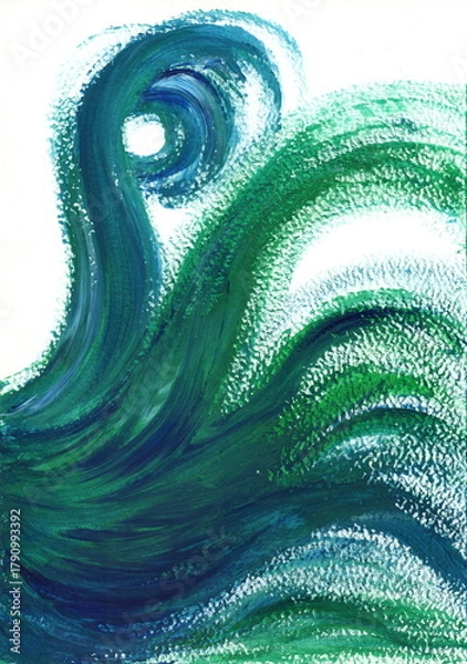 Fototapeta An expressive abstract image executed with thick, broad brushstrokes of paint. The composition is dominated by large, curved forms reminiscent of waves, a whirlpool, or seaweed. 