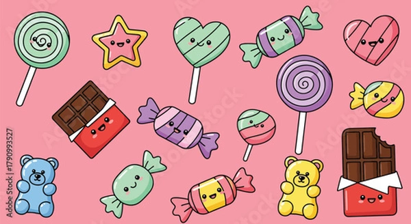 Fototapeta Flat vector seamless pattern of colorful candies, lollipops, and sweets with cute faces. Solid bright tones, no gradients, kawaii confectionery theme, perfect for packaging