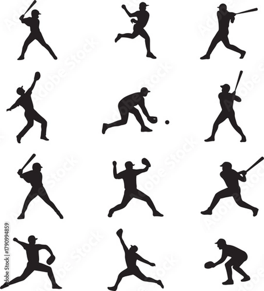 Fototapeta set of silhouettes of people baseball playing pose