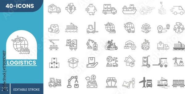 Obraz 40 Modern Logistics Icons Collection for Transport, Shipping, Delivery, Cargo, Warehouse, Supply Chain, Inventory, Fleet, and Freight Operations – Editable Vectors.	
