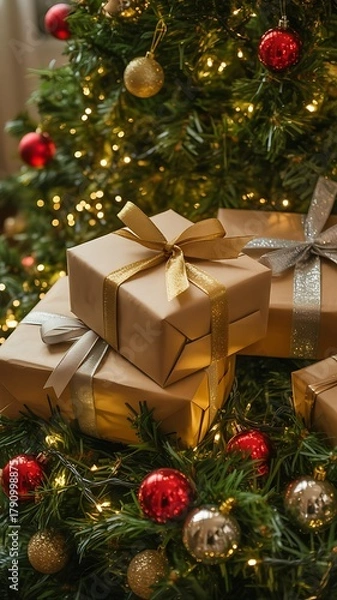 Obraz Beautiful Christmas Presents with Golden and Silver Ribbons under Decorated Tree