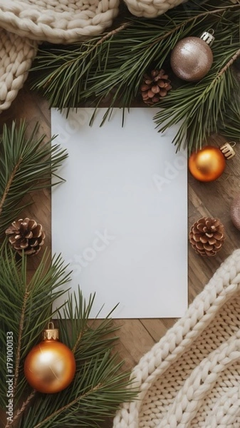 Obraz Festive flat lay with blank card and Christmas decorations elements