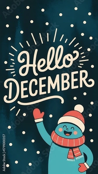 Obraz Festive Hello December illustration with snowman and snowy background art