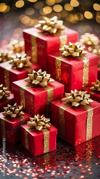 Obraz Festive Red Gift Boxes with Golden Ribbons and Bows Celebration Scene