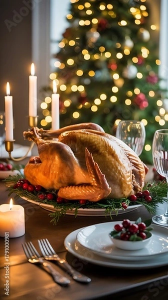 Obraz Festive Thanksgiving Turkey Dinner with Candles and Christmas Tree