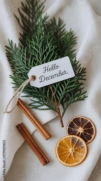 Obraz Hello December seasonal composition with fir branches and dried oranges