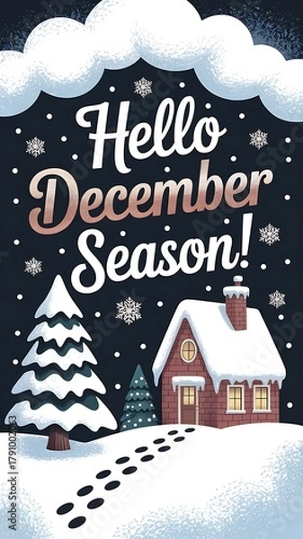 Obraz Winter Scene Featuring Snow Covered House Footprints and December Greetings