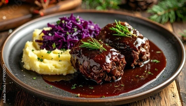 Obraz Rinderrouladen mit Rotkohl und Kartoffelpüree