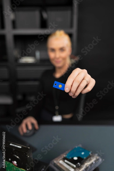 Fototapeta Female IT security technician holds blue USB drive in a tech storage workspace