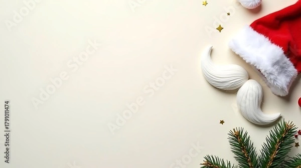 Fototapeta Santa Hat and Beard with Pine Branches and Gold Stars on Cream Holiday Background