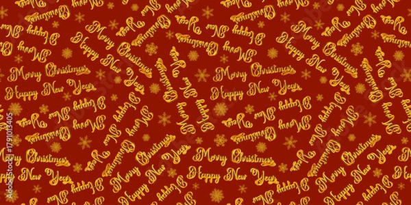 Fototapeta Seamless pattern with the inscription "Merry Christmas and Happy New Year" and snowflakes on a red background. Suitable for wallpaper, backdrops, textiles, packaging, and paper. Vector illustration.