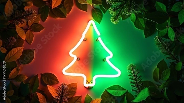 Fototapeta Neon Christmas Tree with Star Surrounded by Flowers and Leaves on Festive Background
