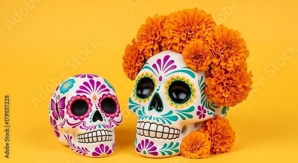 Fototapeta Two colorful sugar skulls, one large and one small, decorated with marigolds against yellow day of the dead