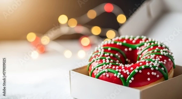 Fototapeta Red Christmas donut with sprinkles in a white box on table  