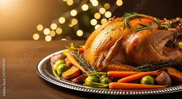 Fototapeta Roasted turkey with vegetables on silver platter for festive dinner  