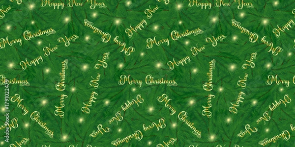 Fototapeta Seamless pattern with the inscription "Merry Christmas and Happy New Year" and lights against a background of fir branches. Suitable for wallpaper, backdrops, textiles, packaging, and paper. Vector.