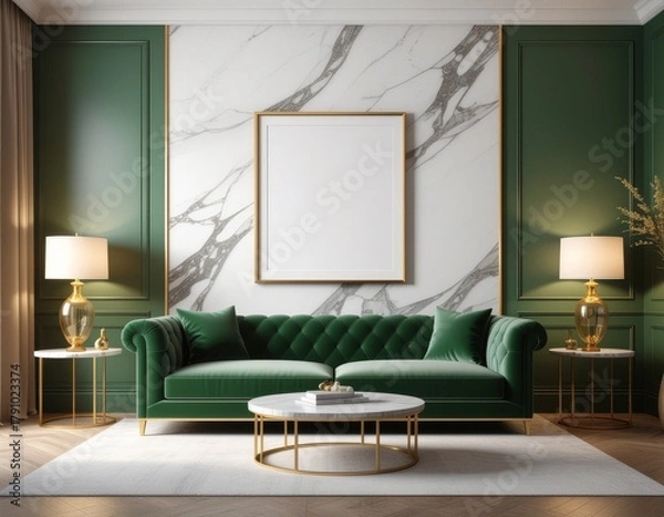 Fototapeta Elegant luxury living room with a gold-trimmed poster frame on a marble wall, velvet sofa, ambient lighting, modern chic decor, cinematic composition, high-quality 3D render
