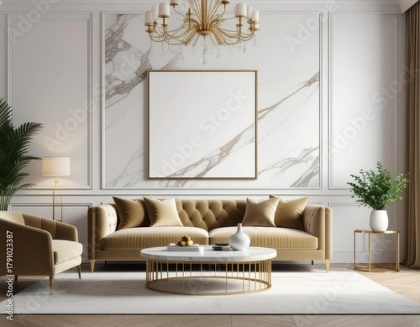 Fototapeta Elegant luxury living room with a gold-trimmed poster frame on a marble wall, velvet sofa, ambient lighting, modern chic decor, cinematic composition, high-quality 3D render
