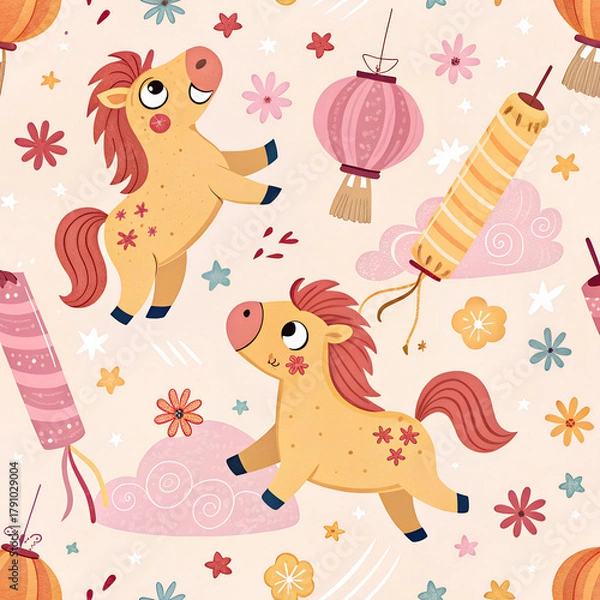 Fototapeta Cute cartoon horses with firecrackers, lanterns, and confetti, seamless pastel pattern for kids’ products.