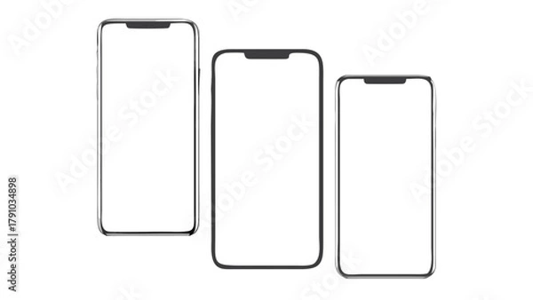 Fototapeta Three modern smartphones with blank white screens arranged in a row on a plain background view