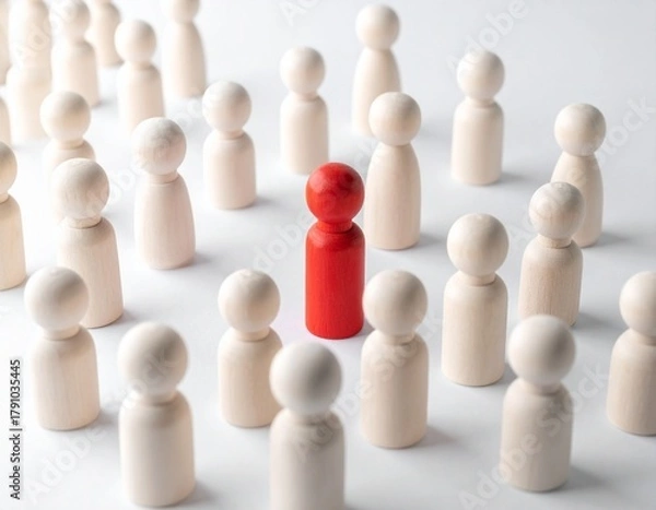 Fototapeta Red Wooden Peg Doll Standing Out in a Crowd of Neutral/White Wooden People Figurines, Symbolizing Uniqueness