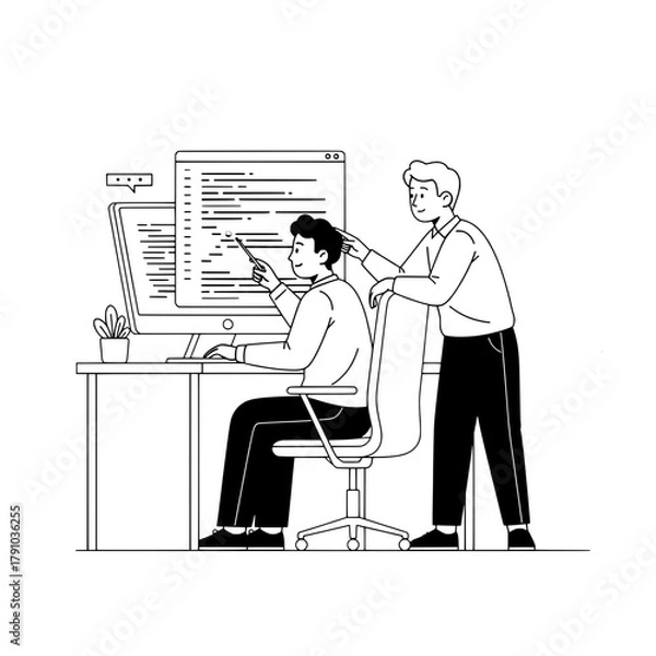 Obraz Two young male developers collaborate on a programming project reviewing code on a desktop computer in a modern office workspace