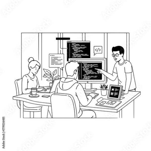 Obraz Young software developers are actively collaborating and coding on multiple computer screens in a modern tech office environment