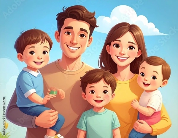 Obraz Happy Cartoon Family Portrait: Two Parents and Three Young Children Smiling on a Light Blue Background