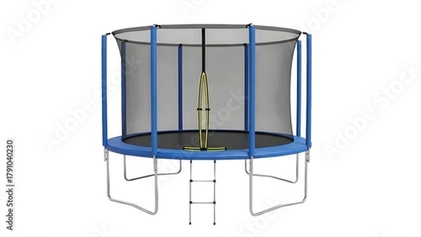 Obraz Round blue trampoline with safety net and ladder for kids backyard outdoor exercise and family fun 10ft on transparent background