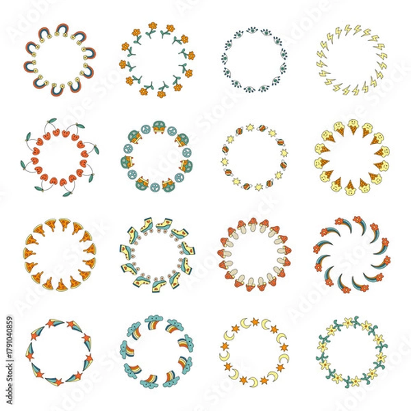 Fototapeta Set of cute round frames with doodle groovy icons isolated on white background.