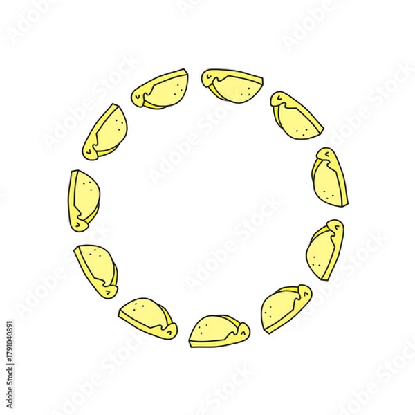 Fototapeta Cute round frame with doodle melted cheese slices isolated on white background.