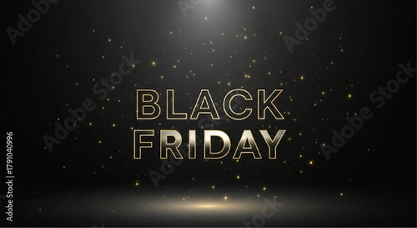 Obraz Black Friday Celebration: Elegant golden text Black Friday glows against a dark, dynamic backdrop, sprinkled with shimmering particles that evoke excitement. vector illustration