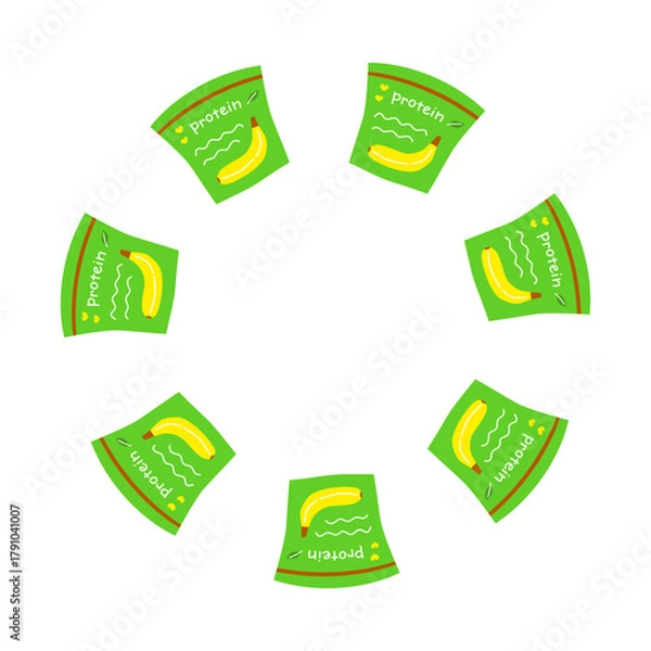 Fototapeta Round wreath with cute flat banana protein powder in packs isolated on white background.