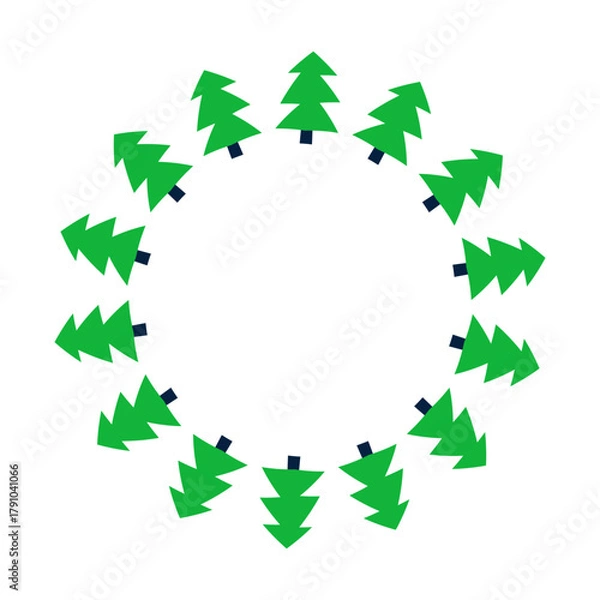 Fototapeta Cute round frame with flat cut out fir trees isolated on white background.