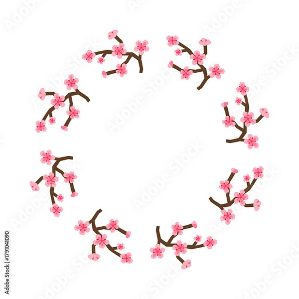 Fototapeta Cute round frame with paper cut floral sakura branches isolated on white background.