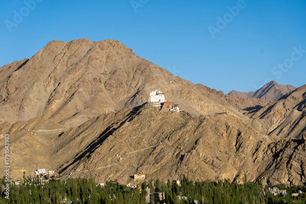 Fototapeta Leh, India - September 24, 2025: Namgyal Tsemo Monastery, a Buddhist monastery and Tsemo Castle located on a hilltop overlooking Leh