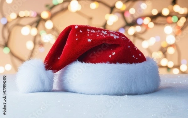 Fototapeta Red Santa Hat with White Fur Trim and Snowflakes Christmas